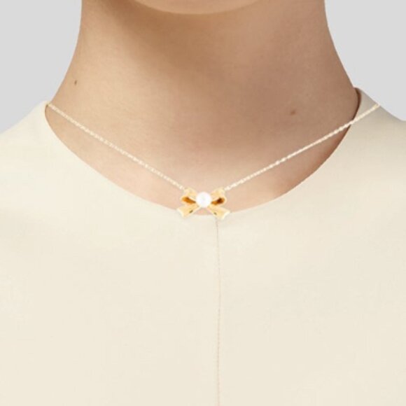 MIKIMOTO 18K 750 YELLOW GOLD CULTURED PEARL BOW PENDANT NECKLACE - Picture 6 of 9